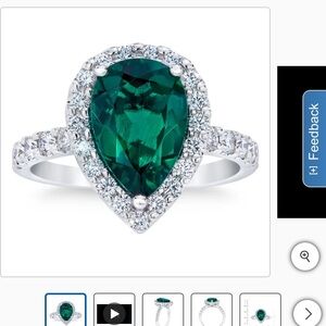 Emerald Green Teardrop Ring with white gold  Band